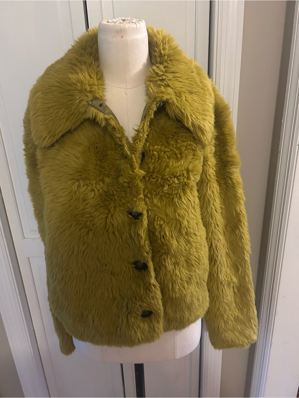 Free People Faux Fur Button-Front Coat in Mustard Yellow NWT